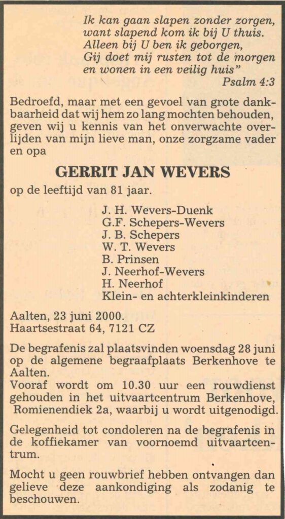 Overlijdensadvertentie Gerrit Jan Wevers (1919-2000)