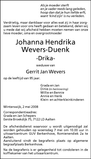 Overlijdensadvertentie Johanna Hendrika Wevers-Duenk